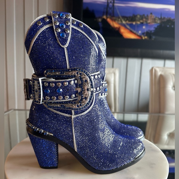 Dolls Kill Shoes - Club Exx Sheriff Shine Rhinestone Crystal Cowboy Boots 7 Blue